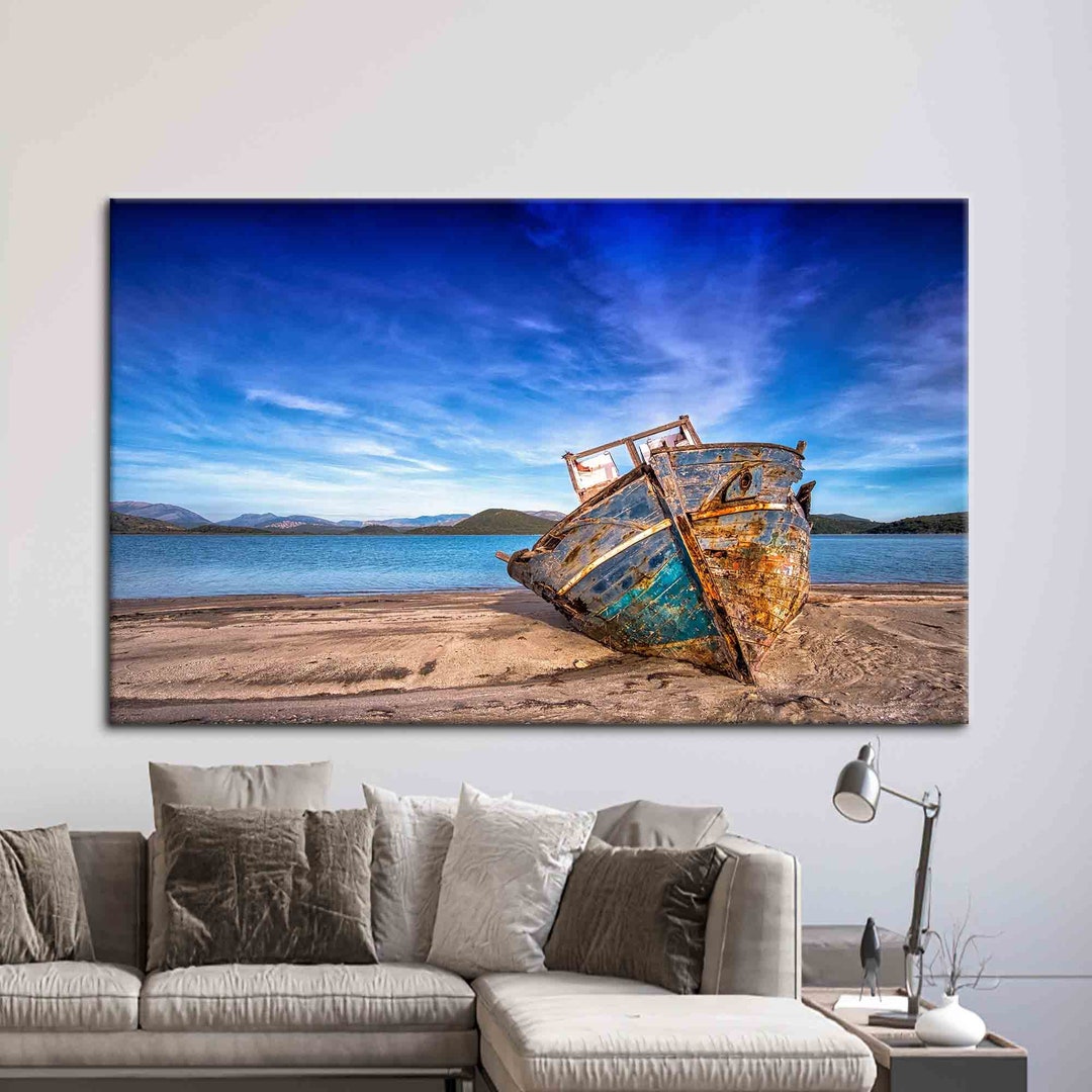 Old Boat on the Beach Wall Art, Beach Landscape Canvas Art, Boat ...