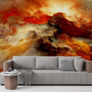 Decorazione murale astratta, Pittura murale nuvola, Carta da parati nuvola astratta, Decorazione parete gialla, Pittura murale colore autunnale, Carta da parati rossa,