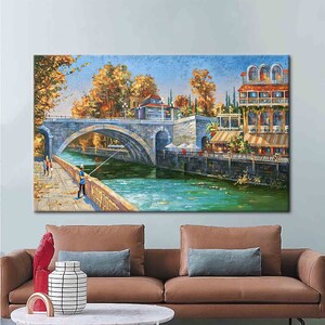 Paisaje del río Sochi, lienzo de arte de paisaje, lienzo de vista, lienzo de arte de paisaje de ciudad, arte de pared de paisaje urbano, decoración de pared de otoño,
