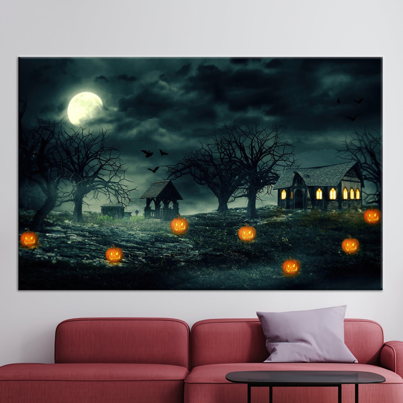 Fine Art & Collectibles :: Painting :: Space Pumpkins Original Oil Painting  - 16x20 inches on canvas board - abstract art, spooky, moon, dark, neon,  Halloween, goth, night, witchy