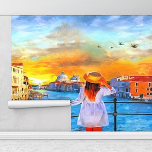 3d Wall Paper, Custom Wall Paper, Wall Paper Peel and Stick, , Oil Painting Print, Venice Wall Art, Girl Wall Painting, City Wall Paper,