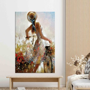 Romantisches Mädchen mit Fahrrad Leinwand Kunst – Elegante Summer Lady Baumwollposter – impressionistisches Wanddekor