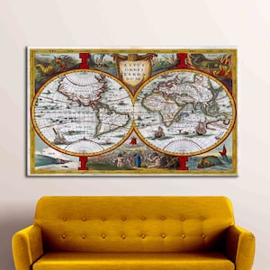 Antyczna mapa świata wydruk na płótnie, duża mapa sztuka na płótnie, sztuka na płótnie z mapą w stylu vintage, sztuka na płótnie z mapą, stara mapa świata sztuka na płótnie, plakat z mapą świata,