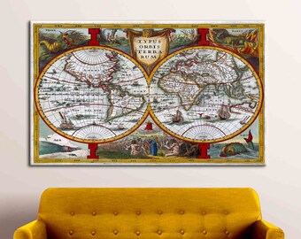 Impresión en lienzo de mapa del mundo antiguo, arte en lienzo de mapa grande, arte en lienzo de mapa vintage, arte en lienzo de mapa, arte en lienzo de mapa del viejo mundo, póster de mapa del mundo,