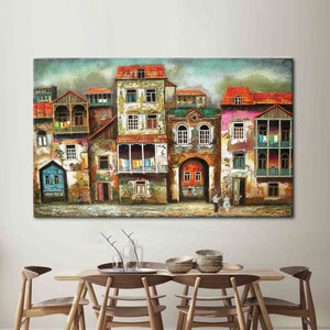 Street Silhouette Canvas Art, View Wall Art, Cityscape Printed, Old City Lansdscape Artwork, Abstract Landscape Art Canvas,