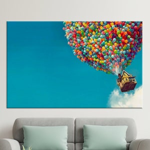 Oversized Wall Art, , Wall Art Canvas, Gift for Her, Air Balloons Canvas Art, Colorful Wall Art, Air House Wall Decor, Cartoon Printed,