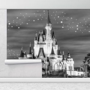 Castillo de Cenicienta, papel de pared de la habitación de la niña, póster de la pared de Disneyland, pintura de la pared de los niños, papel tapiz de la habitación de los niños, decoración de la pared del paisaje nocturno,
