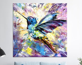 Colorful Hummingbird Canvas, Abstract Bird Wall Poster, Vibrant Animal Painting, Oil Painting Print, Large Wall Art, Colorful Bird Canvas,