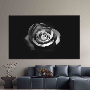 Fotografía de rosa blanca, lienzo blanco negro, arte de pared contemporáneo, arte de flores, decoración de pared de rosa blanca, arte botánico,