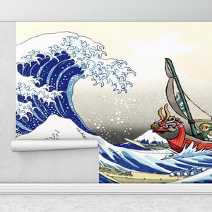 May include: A digital illustration of a large blue wave with a red and white boat sailing through it. The boat is shaped like a dragon's head and has a green sail. A small figure in green clothing is standing in the boat.