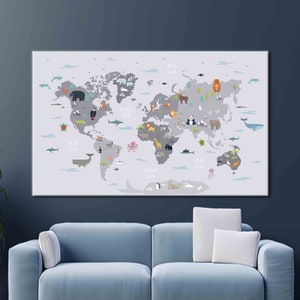 Arte de la pared del mapa del mundo, lienzo de la habitación de los niños, decoración de la pared de los niños, mapa del mundo con decoración de la pared de los animales, lienzo del mapa de los niños, arte de los niños,
