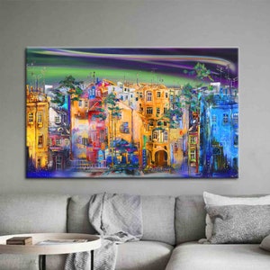 Street Silhouette Painting, Street Landscape Artwork, City Landscape Art Canvas, Landscape Poster, View Art Canvas, Oil Painting Print,