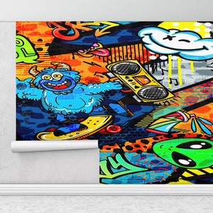Custom Wall Paper,Street Graffiti Wall Painting,Cartoon Wall Decor,Modern Wall Paper,Paper Wall Art ,Colorful Graffiti Wall Mural,