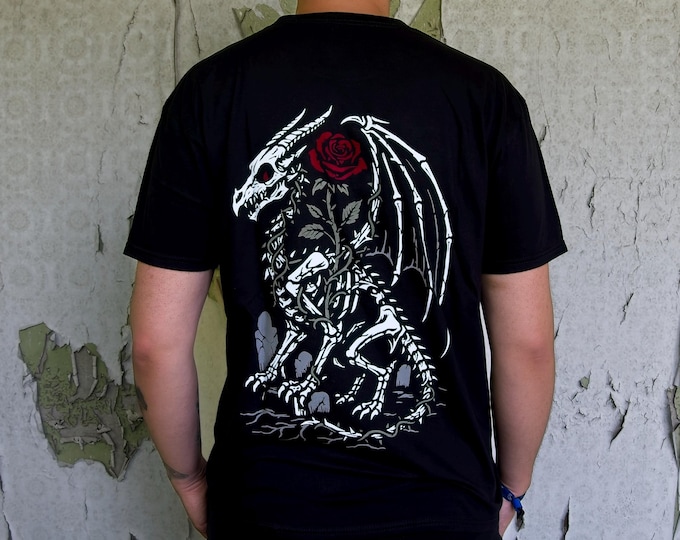 Abyss Dragon – Gothic T-Shirt Skeleton Dragon & Rose | Dark Fantasy Backprint Shirt | Lostin.Place