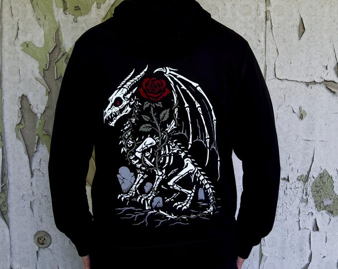 Abyss Dragon – Gothic Hoodie Skeleton Dragon & Rose | Dark Fantasy Backprint Shirt | Lostin.Place