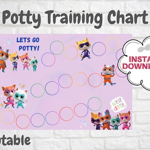 May include: Printable potty training chart featuring a colorful path with circles and cartoon cats in superhero costumes. The chart says "Let's Go Potty!" and "We're Done!" with an instant download option.