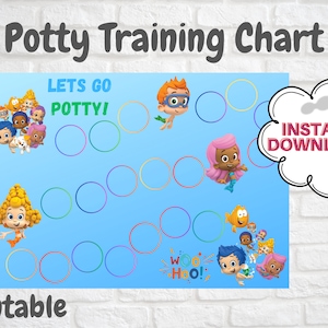 May include: A printable potty training chart featuring characters from the children's show Bubble Guppies. The chart has a blue background with a colorful path of circles. The text "Let's Go Potty!" is at the top of the chart. The text "Instant Download" is in a white cloud with a red border. The text "Printable" is at the bottom of the chart.