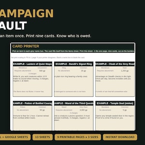 Campaign Tracker Spreadsheet for Game Masters | NPC Database, Plot Threads, Loot Split, Item Card Printer | Excel Google Sheets + PDF