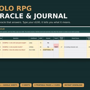 Solo RPG Journal & Oracle Spreadsheet | Yes-No Oracle, Twist Rule, Random Tables, Thread Tracker | Excel Google Sheets + Printable PDF