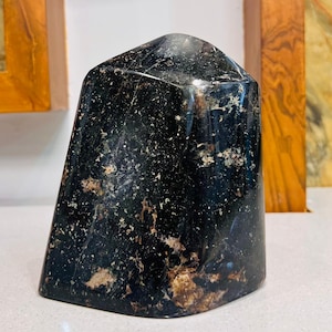 Puede incluir: Una escultura de piedra negra pulida de forma libre con una superficie lisa y brillante. El material oscuro y opaco presenta inclusiones irregulares y moteadas de depósitos minerales de color marrón claro dispersas por su estructura angular.