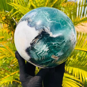 Beautiful Fluorite Sphere / Large 200 MM Unique Sphere / Fluorite With White Snow Flake / Metaphysical Chakra Healing Crystals