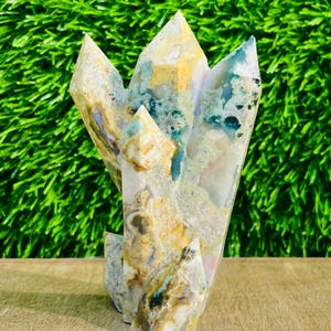 Natural Moss Agate Obelisk: Crystal Healing Point, 110mm