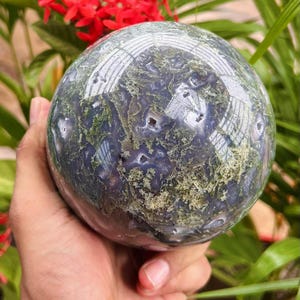 125 MM Large Blue Moss agate Sphere/Druzy Moss Agate Sphere/Natural Moss Agate Sphere/Ball/High Quality Druzy Healing Crystal for Home Decor