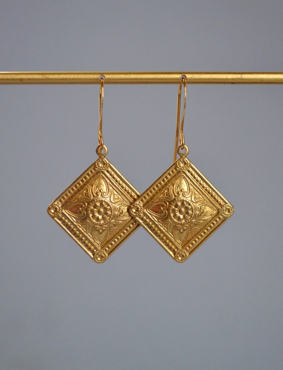 Vintage Style Renaissance Earrings Dangle Earrings Brass Gold Earrings 14k Gold Plated Earwire Victorian Jewelry