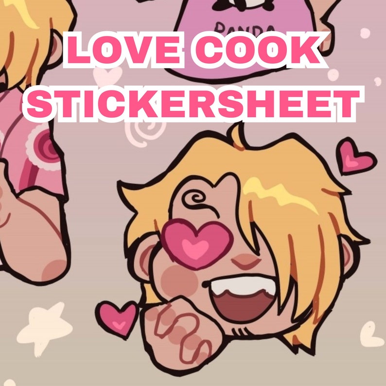 A picture of a drawing of Sanji from One Piece. Text reads "LOVE COOK STICKERSHEET".