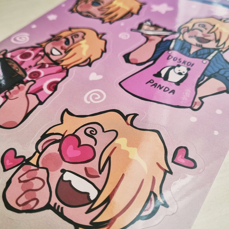 May include: A set of four stickers featuring a cartoon character with blonde hair. The character is shown in different poses, including holding a plate of food, laughing, and giving a thumbs up. The stickers are printed on a pink background with hearts and swirls.