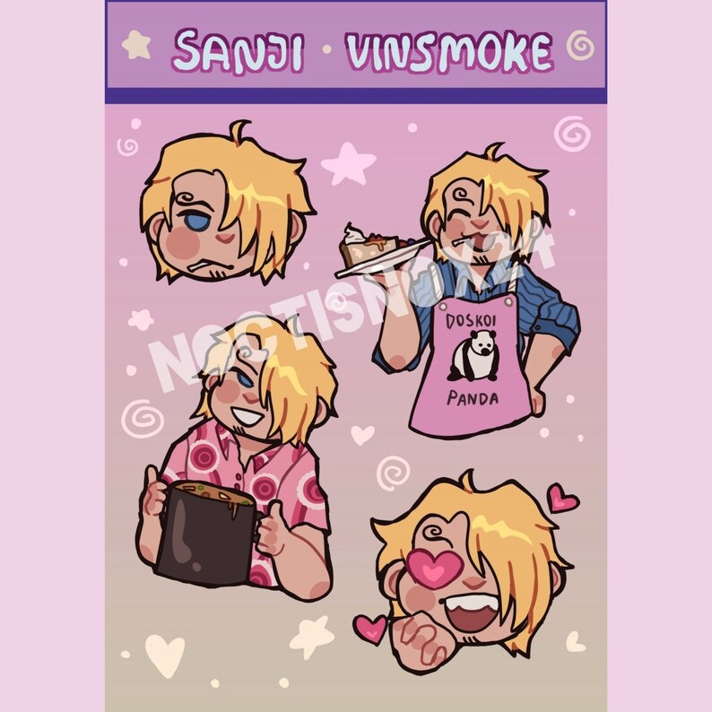 A stickersheet with 4 drawings of Sanji. The background is a purple gradient.