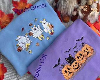 Embroidered Halloween Sweatshirt: Winnie the Pooh Ghost, Pumpkin & Cat
