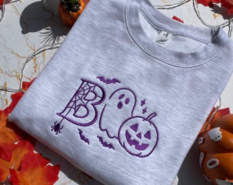 Embroidered Boo Sweatshirt: Ghost and  Pumpkin, Halloween Crewneck
