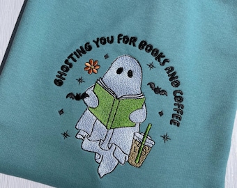 Embroidered Ghost Sweatshirt: Books & Coffee, Halloween Crewneck