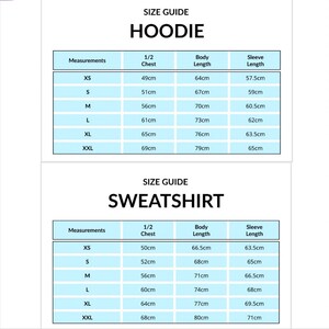 May include: Size guide for hoodies and sweatshirts with measurements in centimeters for chest, body length, and sleeve length. Sizes include XS, S, M, L, XL, and XXL.