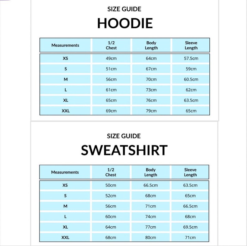 May include: Size guide for hoodies and sweatshirts with measurements in centimeters for chest, body length, and sleeve length. Sizes include XS, S, M, L, XL, and XXL.