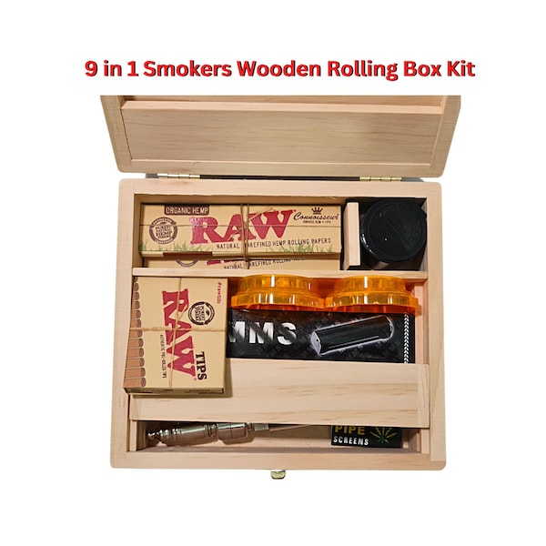 9 in 1 Smokers Wooden Rolling Box Kit Collection with King Size Raw Papers + Roach, KS Rolling Machine, Pre-Rolled Tips, Mini Plastic Box UK