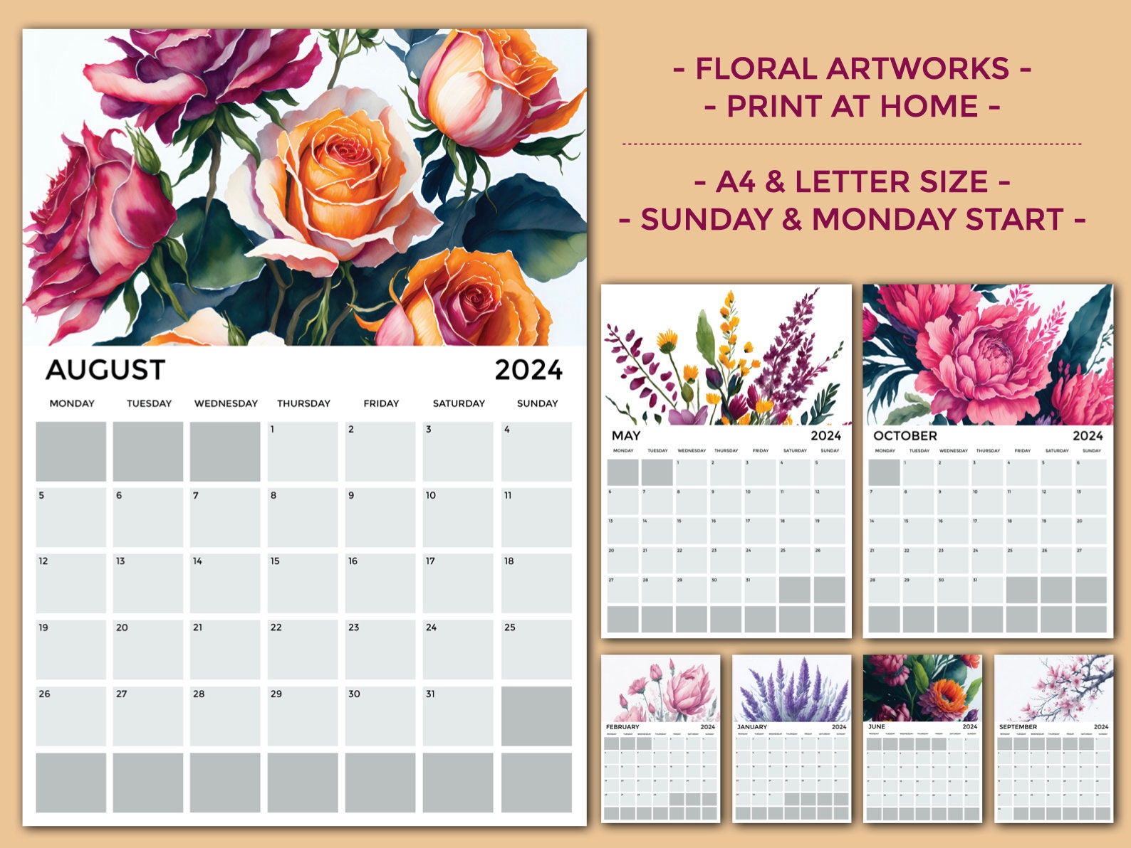 2024 Printable Monthly Calendar Printable A4 and Letter Size - Etsy