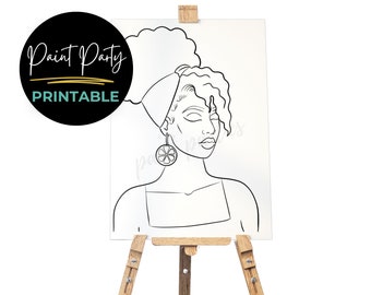 May include: Black and white line art print of a woman with her eyes closed. She has a large afro and is wearing a headband and earrings with a lemon slice design. The print is on a white background and says "Paint Party Printable" at the top.