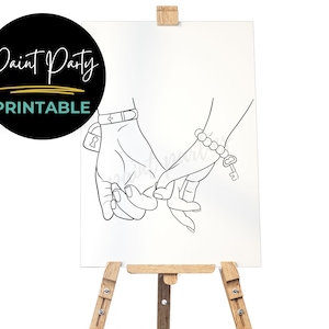 May include: Black and white line art print of two hands holding each other. One hand has a key on a bracelet and the other has a padlock on a bracelet. The print is on a white background and is ready to be painted.