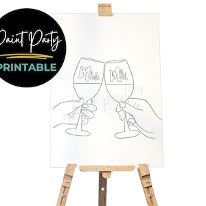 May include: A black and white line drawing of two wine glasses with the words "Mrs." and "Mr." on them. The glasses are being held by two hands, and the glasses are touching. The drawing is on a white canvas.