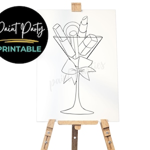 May include: A black and white line drawing of a martini glass filled with lipstick tubes and a bow. The text "Paint Party Printable" is on a black circle.