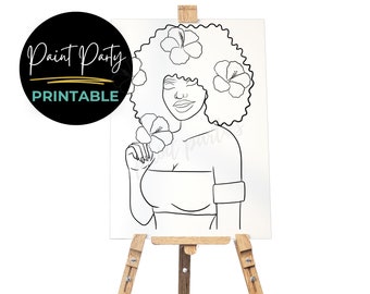 May include: Black and white line art illustration of a woman with an afro hairstyle and flowers in her hair. The woman is holding a flower in her hand. The image is on a white background and is suitable for painting.