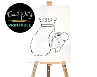 May include: Black and white line art print of two women with crowns on their heads. The women are facing each other and their hair is styled in an afro. The print is on a white background and says "Paint Party Printable" at the top.
