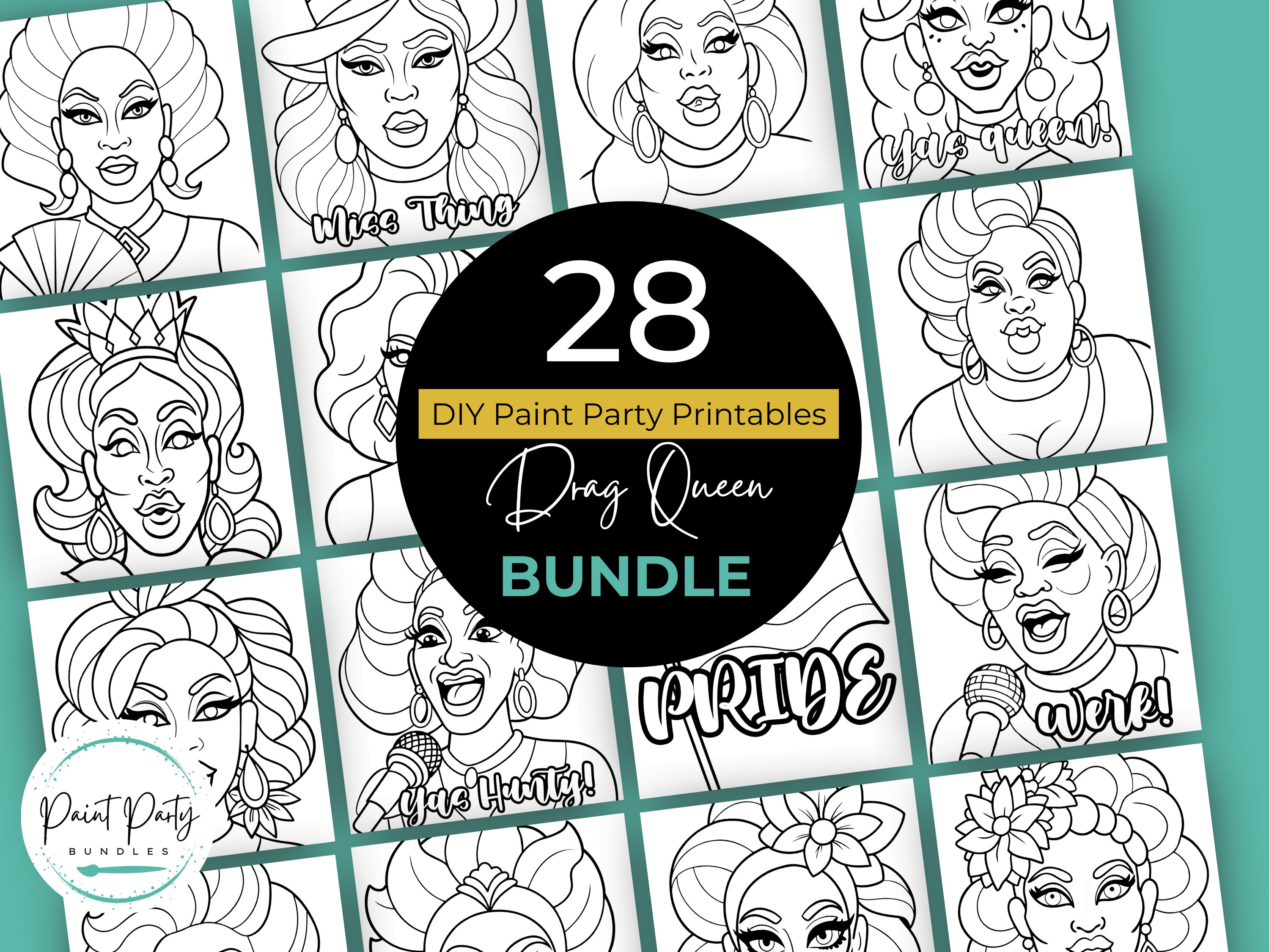 28 DIY Paint Party Printables Drag Queen Bundle - Fun and Creative Coloring Pages for Sip and Paint Events, Art Projects, and Adult Crafting