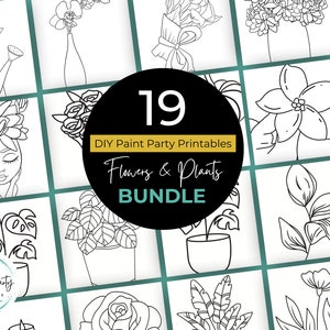 Puede incluir: Un conjunto de 19 páginas para colorear imprimibles con flores y plantas. Las páginas son en blanco y negro y perfectas para una fiesta de pintura DIY. El texto en la imagen dice "19 DIY Paint Party Printables Flowers & Plants BUNDLE".