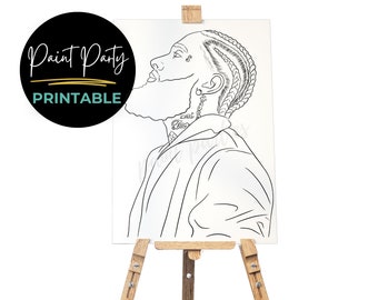 May include: Black and white line art print of a man with a beard and braids. The print is on a white canvas and is ready to be painted. The print is labeled "Paint Party Printable".