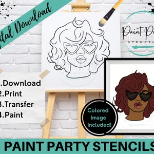 May include: A digital download paint by number stencil of a woman with curly hair wearing heart-shaped sunglasses. The stencil is on a white background and includes a colored image for reference. The text "Paint Party Stencils" is at the bottom of the image.