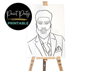 May include: Black and white line art illustration of a person with a beard and short hair wearing a suit jacket. The image is on a white background and says "Paint Party Printable" at the top.