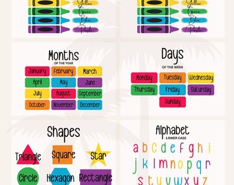 May include: A colorful educational chart with illustrations of crayons, months of the year, days of the week, shapes, and the alphabet. The chart features the words "Colors", "Months of the Year", "Days of the Week", "Shapes", and "Alphabet".